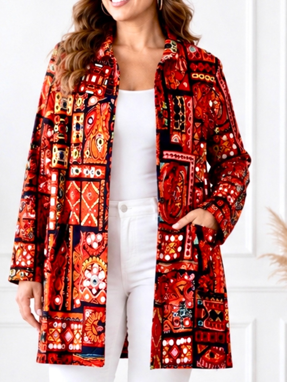 Red Patchwork Long Open Front Jacket S New without Tag